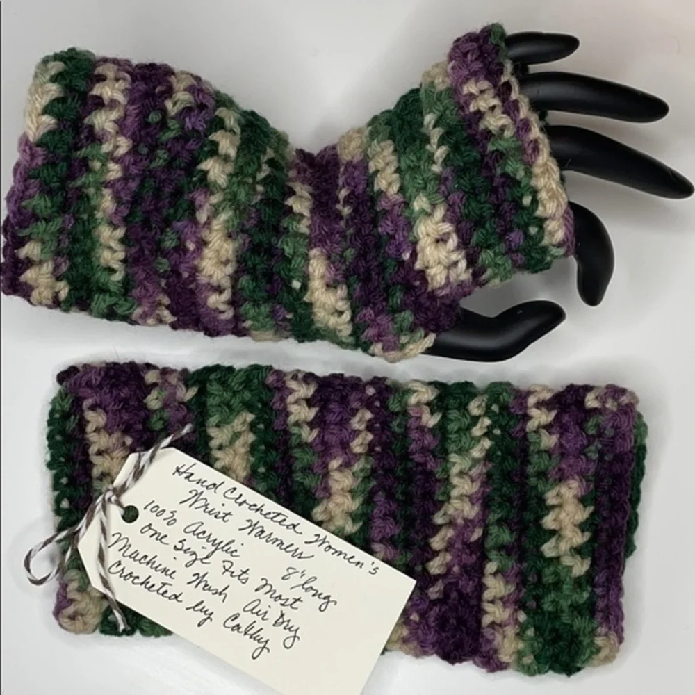 Handmade Fingerless Gloves OSFM Purple Green Tan Crochet Knit Contemporary